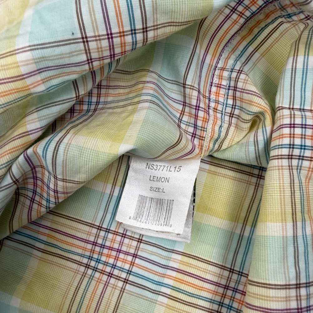 Bugatchi Mens Classic Fit Plaid Button Down Shirt Yellow Green Flamingo Large - Picture 6 of 9